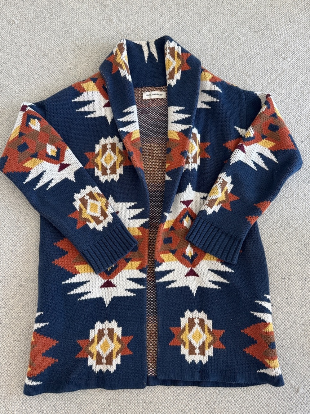 Lucky Brand Navy Aztec Open Cardigan with Rust and Mustard Accents